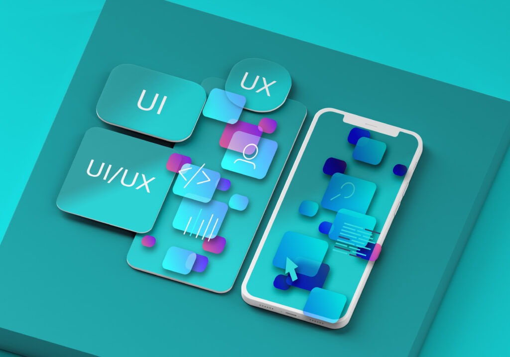 Image d'une interface en phase de design avec des briques portant le nom UX, UI et UI/UX
