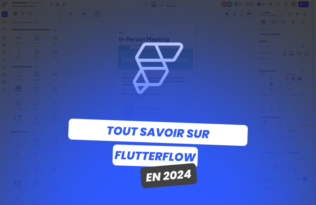 logo flutterflow et titre de l'article avec interface de flutterflow en arrière plan